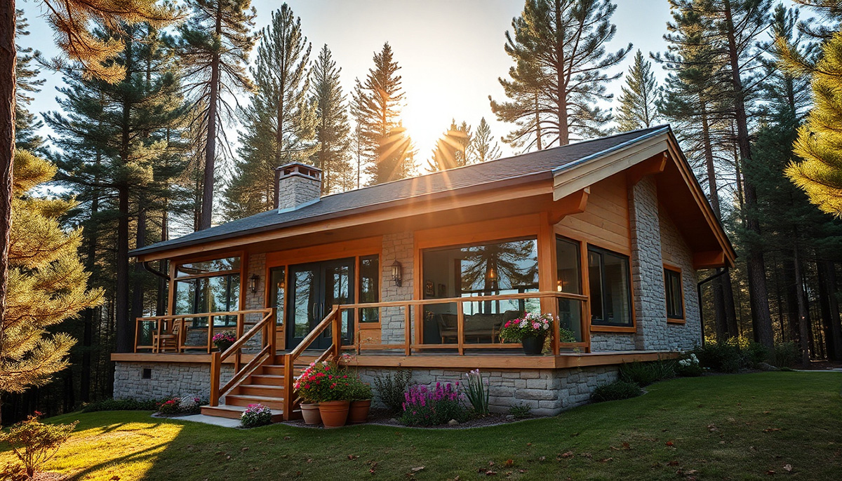 Одноэтажный дом в лесу с большой террасой и большими окнами.