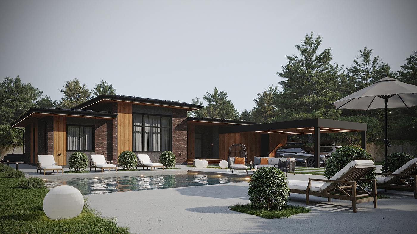 Одноэтажный дом в стиле Райта